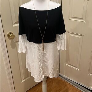 Colleen Lopez Black and White Off-Shoulder Blouse